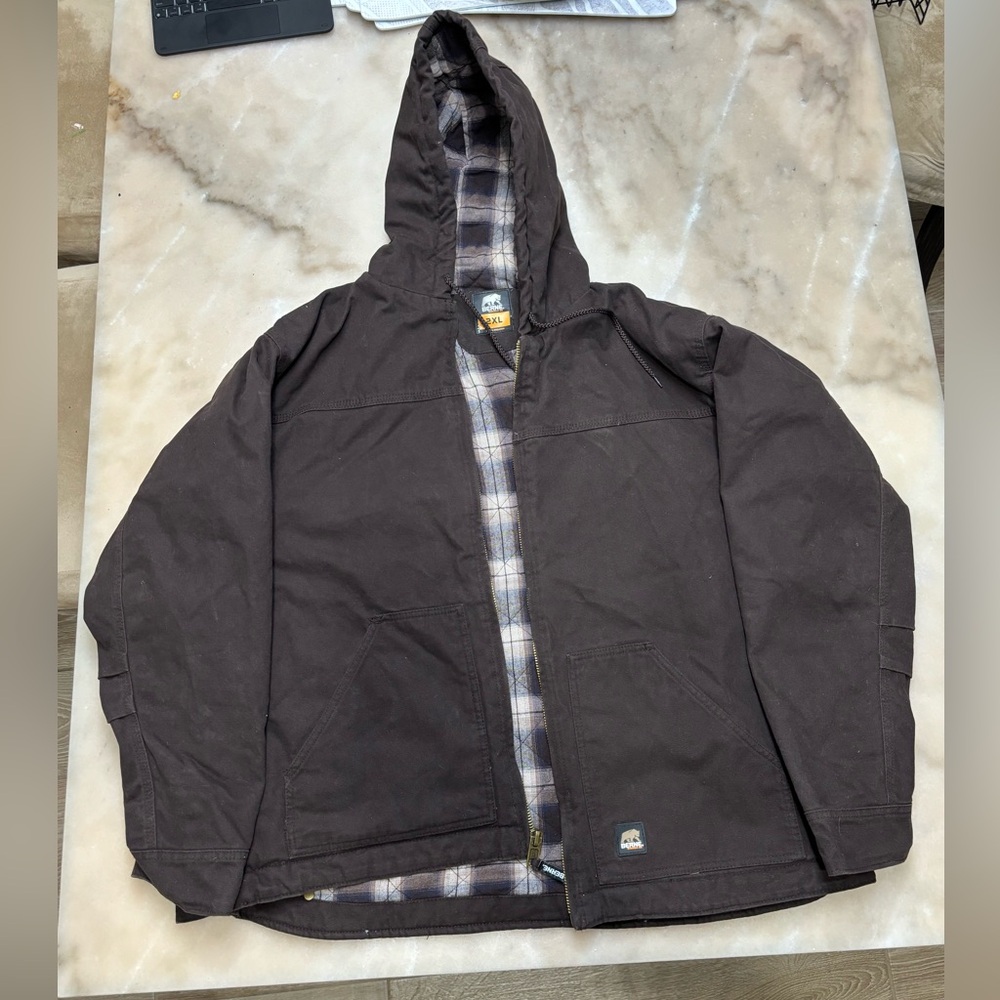 2XL Vintage Berne Carhartt Like Hooded Work Jacket Brown Canvas Flannel